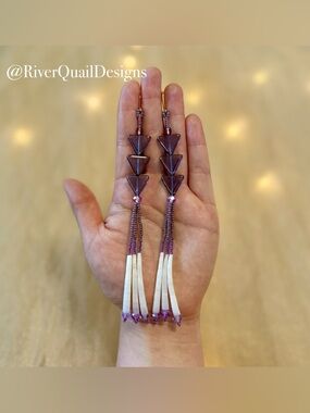 Handmade Purple Triangle, White Dentalium Shell Beaded Tassel Native Earrings